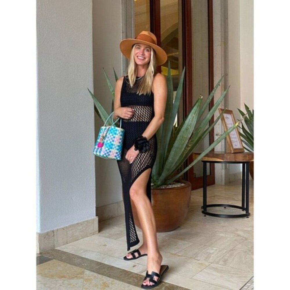 BEACH RIOT Holly Sheer Open Knit Cover-Up Dress in Black Size Medium